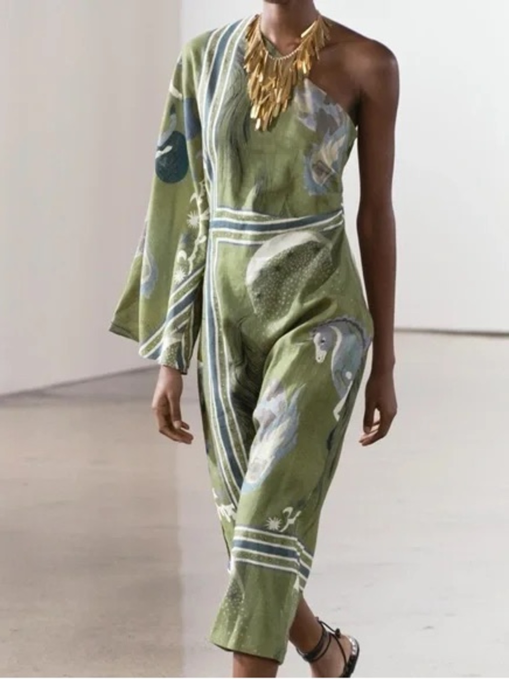NWT Zara ZW Collection One Shoulder Asymmetrical Green Linen Blend Midi Dress M